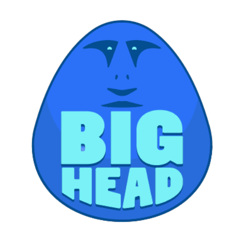 A blue egg with the words " big head ".