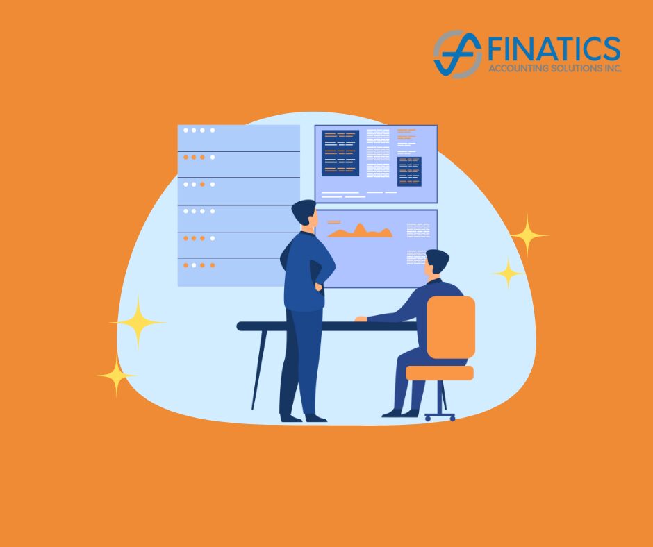 Financial Controller helping business owner on blue and orange background