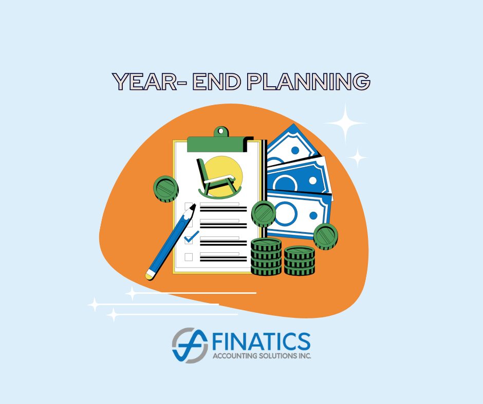 Blue background with financial documents for year end planing