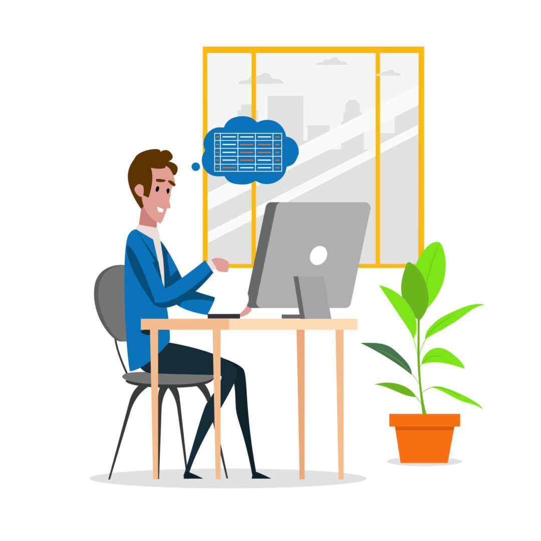 Bookkeeper sitting at desk working on computer with blue suit with ideas