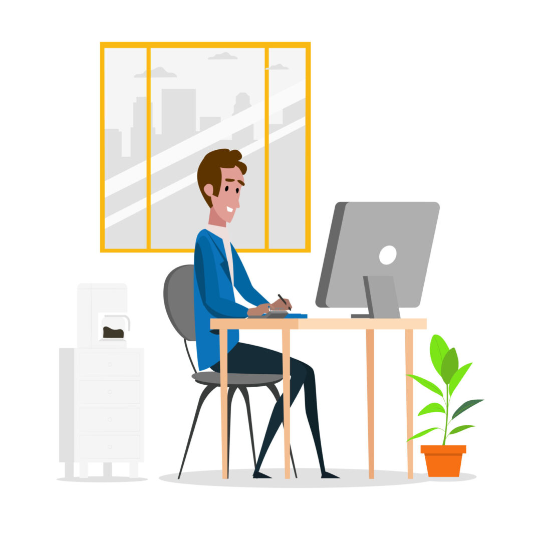 Bookkeeper sitting at desk working on computer with blue suit