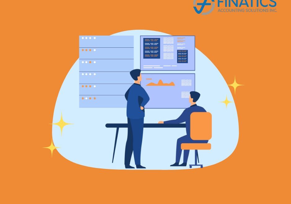 Financial Controller helping business owner on blue and orange background