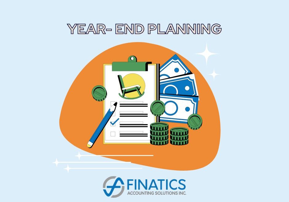 Blue background with financial documents for year end planing